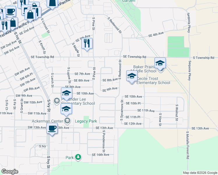 map of restaurants, bars, coffee shops, grocery stores, and more near 1380 Southeast 9th Avenue in Canby