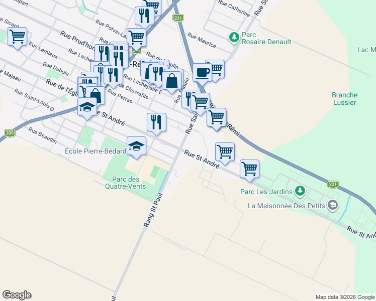map of restaurants, bars, coffee shops, grocery stores, and more near 205 Rue Saint André in Saint-Rémi