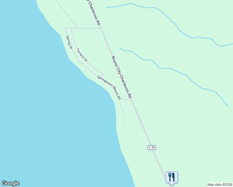 map of restaurants, bars, coffee shops, grocery stores, and more near 3172 Springwater Beach Road in Boyne City