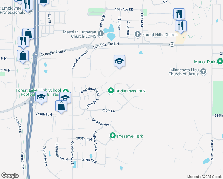 map of restaurants, bars, coffee shops, grocery stores, and more near 6596 Lipizzan Trail North in Forest Lake