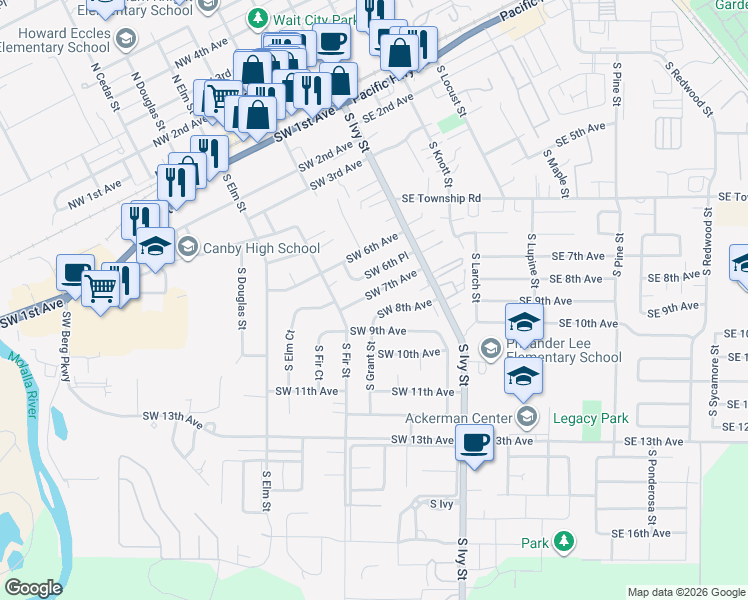 map of restaurants, bars, coffee shops, grocery stores, and more near 255 Southwest 7th Avenue in Canby