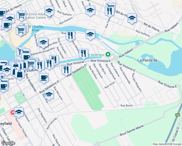 map of restaurants, bars, coffee shops, grocery stores, and more near 28 Rue Marleau in Salaberry-de-Valleyfield