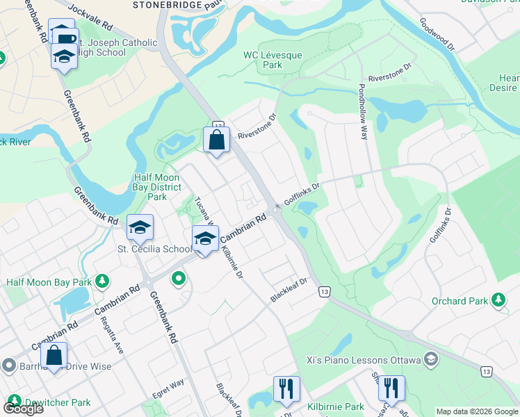map of restaurants, bars, coffee shops, grocery stores, and more near 3365 Cambrian Road in Ottawa