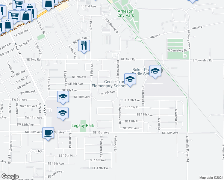 map of restaurants, bars, coffee shops, grocery stores, and more near 1460 Southeast 9th Avenue in Canby