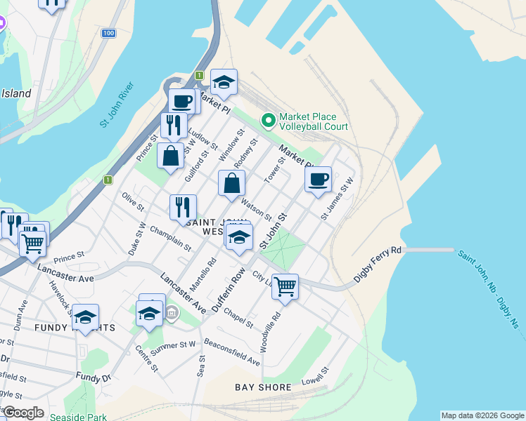 map of restaurants, bars, coffee shops, grocery stores, and more near 203 Saint George Street in Saint John