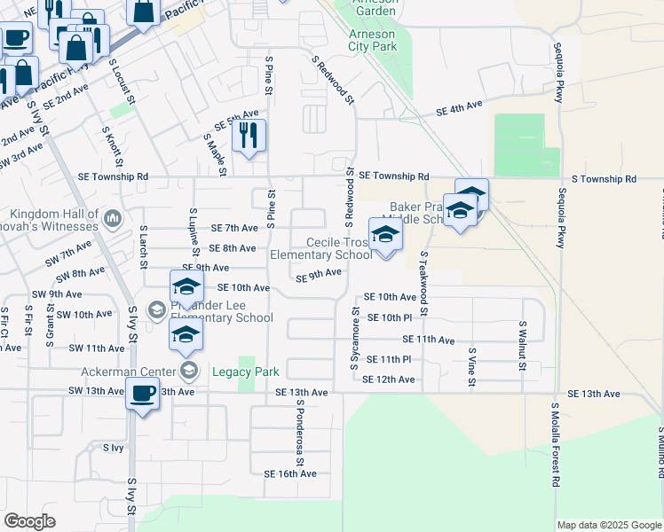 map of restaurants, bars, coffee shops, grocery stores, and more near 1450 Southeast 9th Avenue in Canby