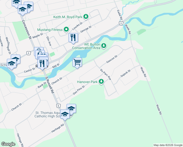 map of restaurants, bars, coffee shops, grocery stores, and more near 231 Des Bois Drive in Russell
