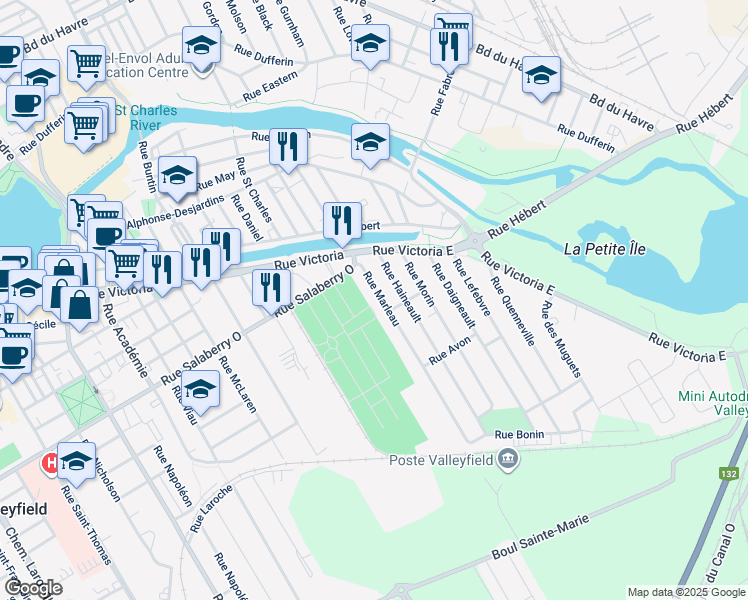 map of restaurants, bars, coffee shops, grocery stores, and more near 28 Rue Marleau in Salaberry-de-Valleyfield