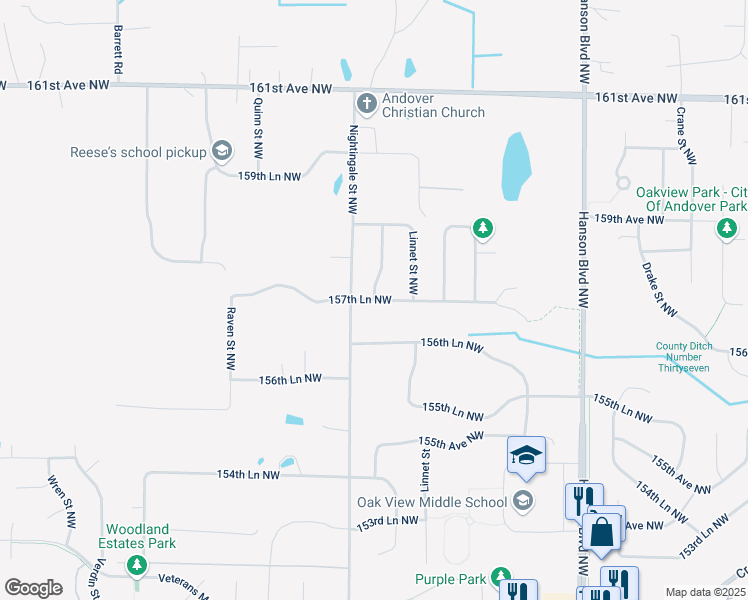 map of restaurants, bars, coffee shops, grocery stores, and more near 157th Lane Northwest in Andover