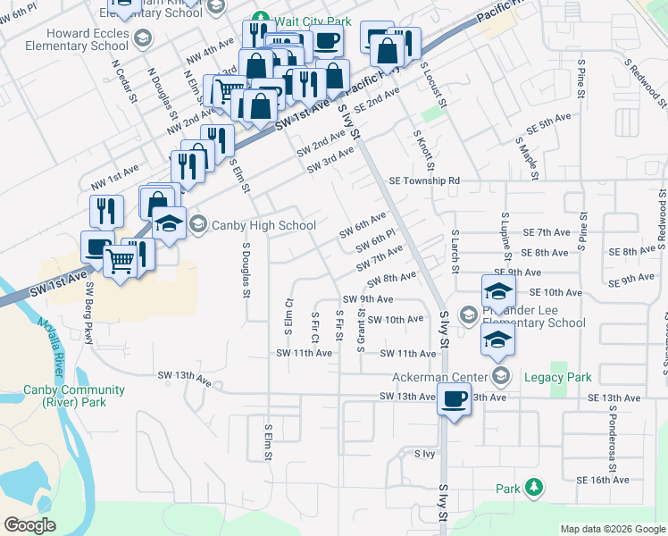 map of restaurants, bars, coffee shops, grocery stores, and more near 680 South Fir Street in Canby