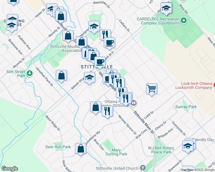 map of restaurants, bars, coffee shops, grocery stores, and more near 1560 Stittsville Main Street in Ottawa