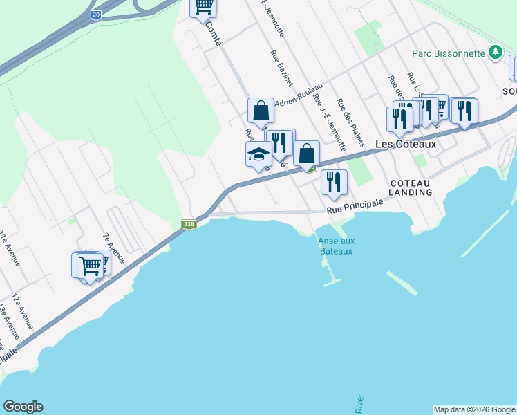 map of restaurants, bars, coffee shops, grocery stores, and more near 110 Rue Principale in Saint-Zotique