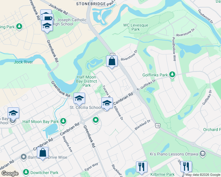map of restaurants, bars, coffee shops, grocery stores, and more near 2646 Half Moon Bay Road in Ottawa