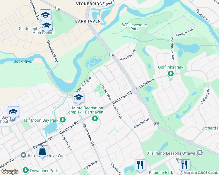 map of restaurants, bars, coffee shops, grocery stores, and more near 2646 Half Moon Bay Road in Ottawa
