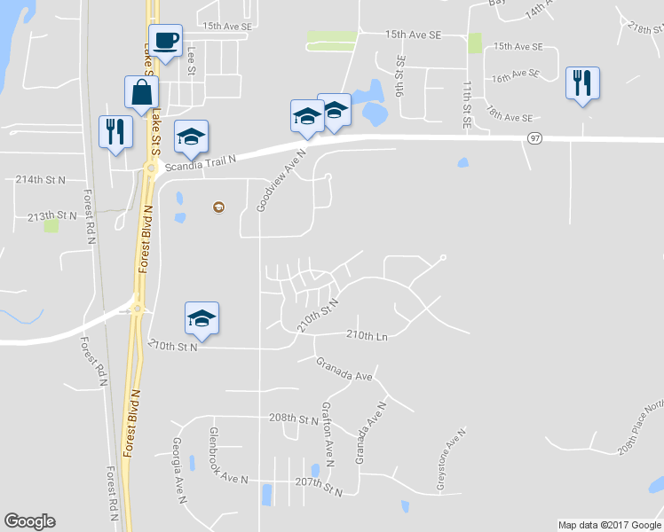 map of restaurants, bars, coffee shops, grocery stores, and more near 6480 Appaloosa Avenue North in Forest Lake