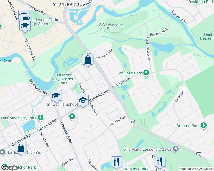 map of restaurants, bars, coffee shops, grocery stores, and more near 2621 Longfields Drive in Ottawa