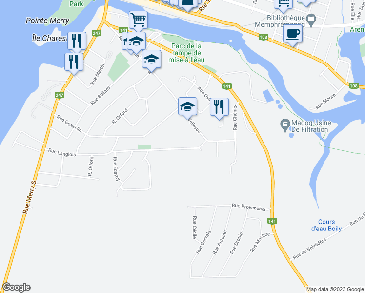 map of restaurants, bars, coffee shops, grocery stores, and more near 393 Rue Langlois in Magog