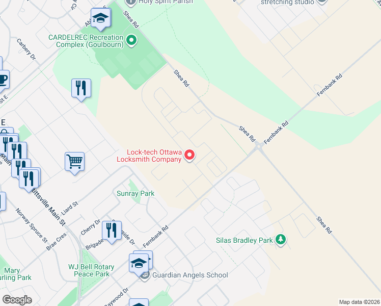 map of restaurants, bars, coffee shops, grocery stores, and more near 1166 Cope Drive in Ottawa