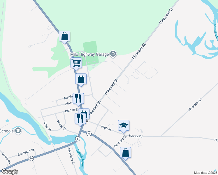 map of restaurants, bars, coffee shops, grocery stores, and more near 3 Pearl Street in Milo