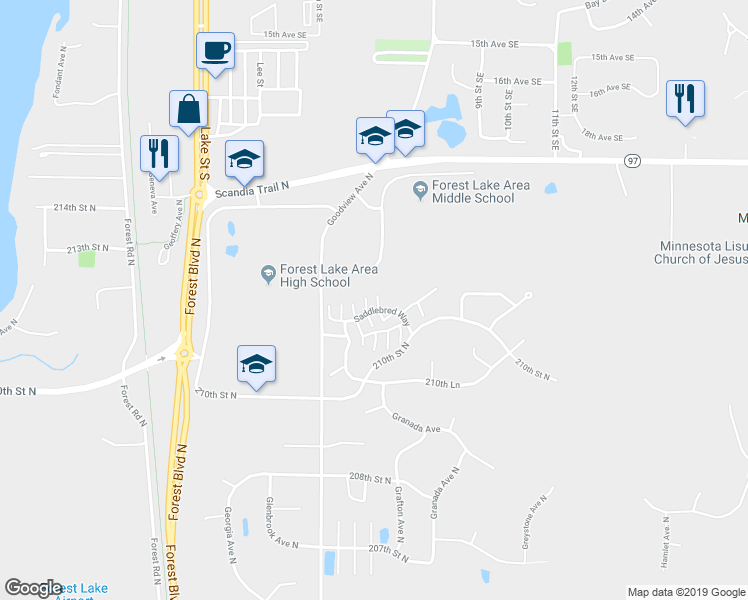 map of restaurants, bars, coffee shops, grocery stores, and more near 21218 Shetland Drive North in Forest Lake