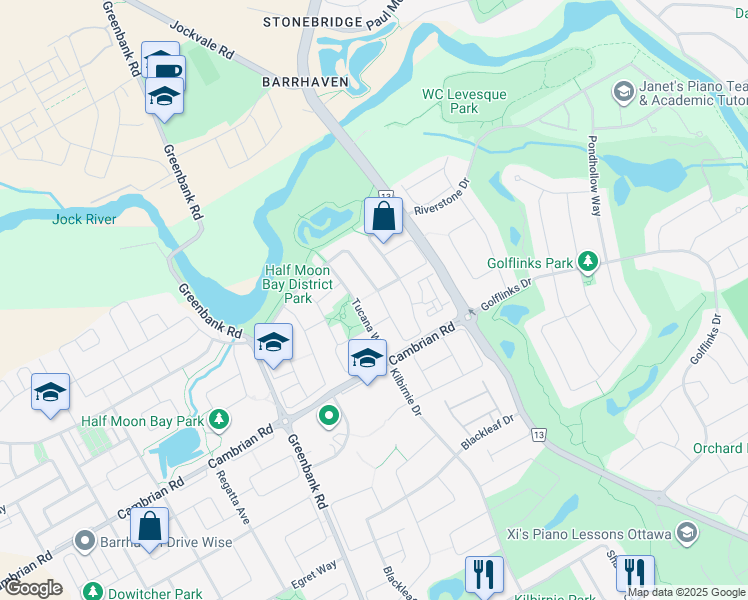 map of restaurants, bars, coffee shops, grocery stores, and more near 2636 Half Moon Bay Road in Ottawa