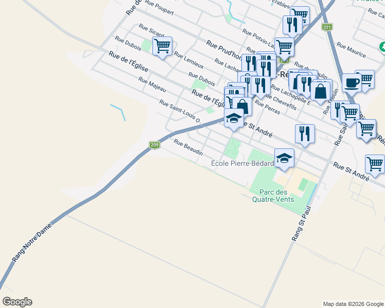 map of restaurants, bars, coffee shops, grocery stores, and more near 70 Rue Beaudin in Saint-Rémi