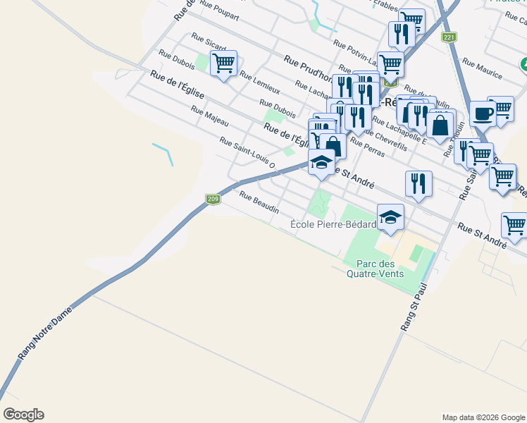 map of restaurants, bars, coffee shops, grocery stores, and more near 70 Rue Beaudin in Saint-Rémi