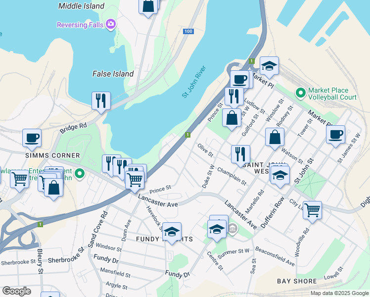 map of restaurants, bars, coffee shops, grocery stores, and more near 408 Algonquin Place in Saint John