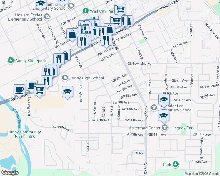 map of restaurants, bars, coffee shops, grocery stores, and more near 680 South Fir Street in Canby