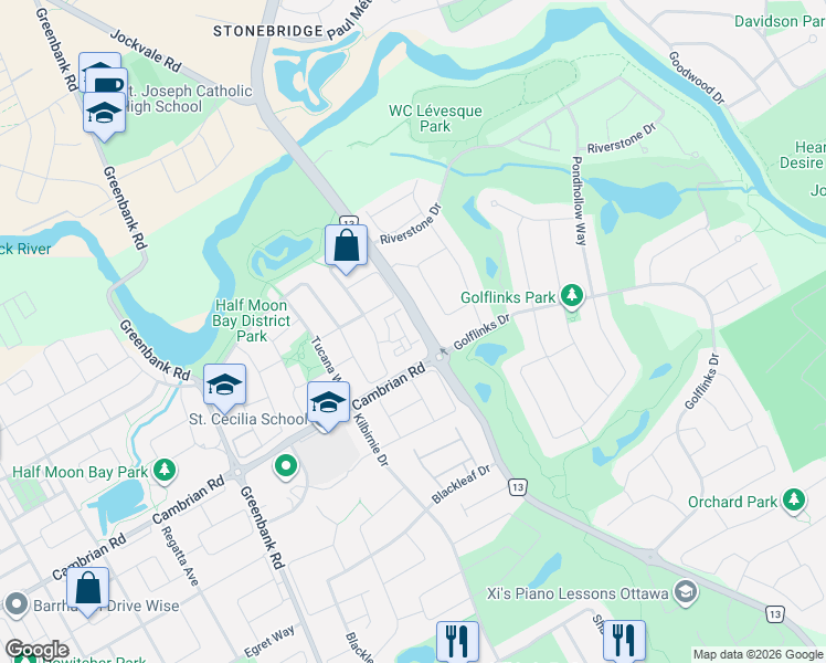 map of restaurants, bars, coffee shops, grocery stores, and more near 2591 Longfields Drive in Ottawa