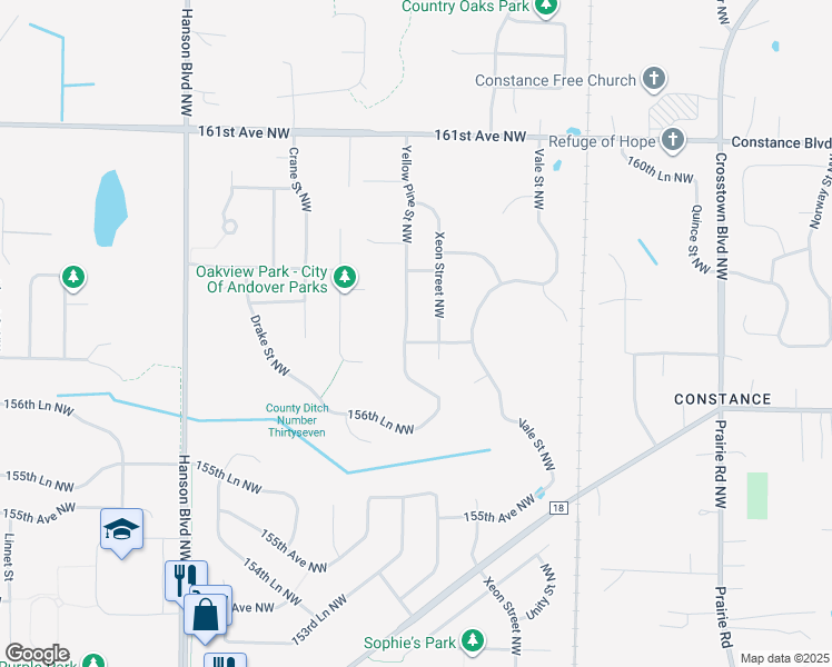 map of restaurants, bars, coffee shops, grocery stores, and more near 15811 Yellow Pine Street Northwest in Andover