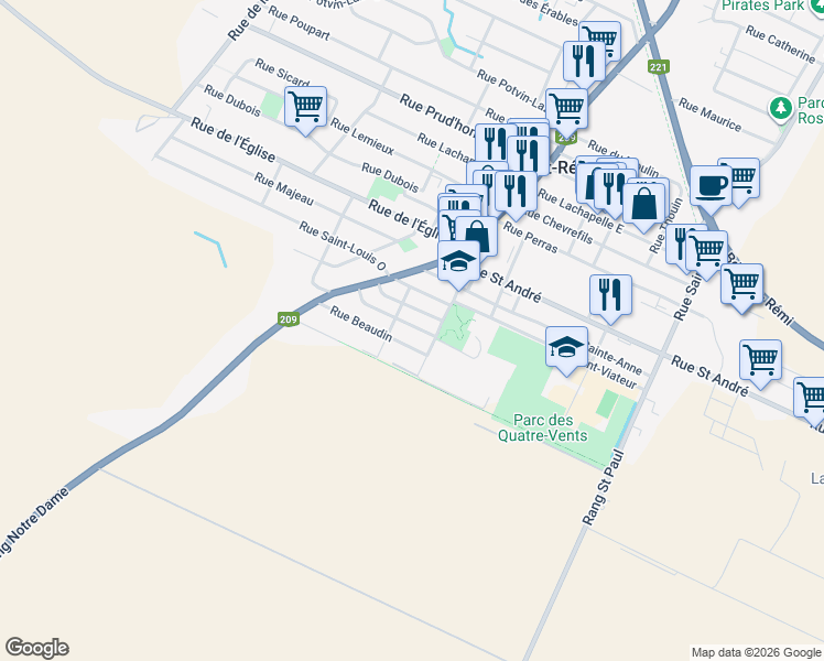 map of restaurants, bars, coffee shops, grocery stores, and more near 62 Rue Saint- Rémi in Saint-Rémi