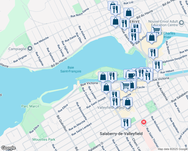 map of restaurants, bars, coffee shops, grocery stores, and more near 240 Rue Victoria in Salaberry-de-Valleyfield