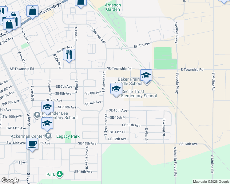 map of restaurants, bars, coffee shops, grocery stores, and more near 800 South Redwood Street in Canby