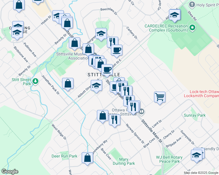 map of restaurants, bars, coffee shops, grocery stores, and more near 1560 Stittsville Main Street in Ottawa