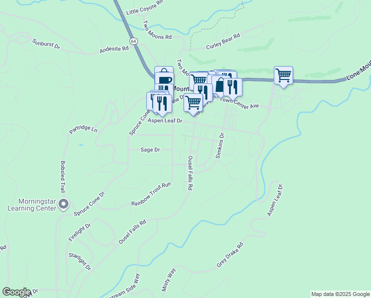 map of restaurants, bars, coffee shops, grocery stores, and more near 299 Ousel Falls Road in Big Sky