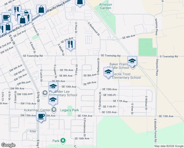 map of restaurants, bars, coffee shops, grocery stores, and more near 1418 Southeast 8th Avenue in Canby