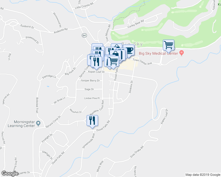 map of restaurants, bars, coffee shops, grocery stores, and more near 299 Ousel Falls Road in Big Sky