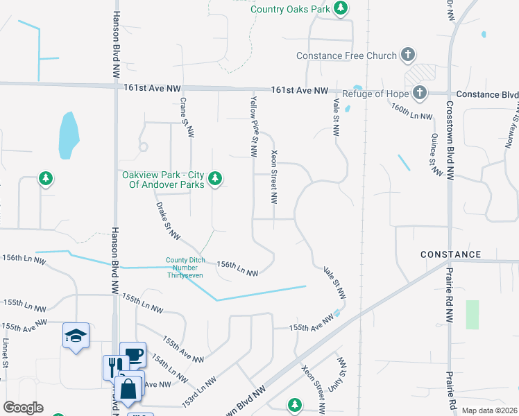 map of restaurants, bars, coffee shops, grocery stores, and more near 15866 Xeon Street Northwest in Andover