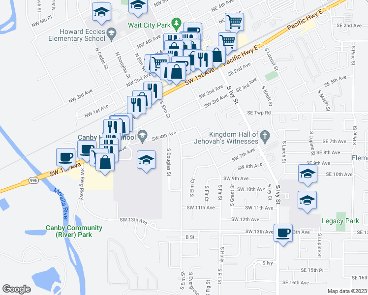 map of restaurants, bars, coffee shops, grocery stores, and more near 400 South Elm Street in Canby