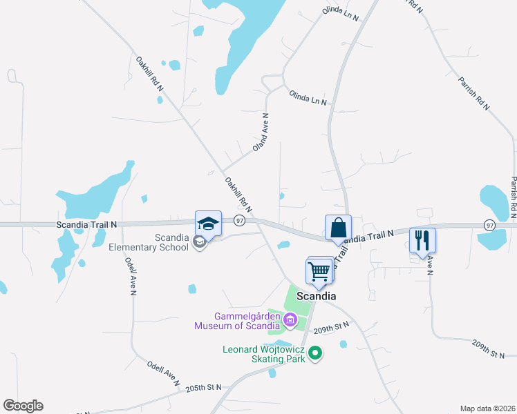 map of restaurants, bars, coffee shops, grocery stores, and more near 21360 Oren Avenue North in Scandia