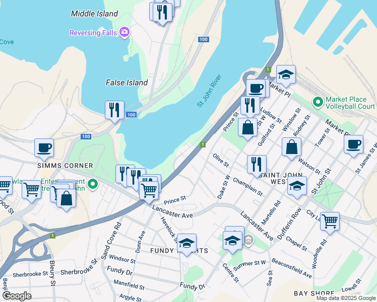map of restaurants, bars, coffee shops, grocery stores, and more near 350 Riverview Drive in Saint John