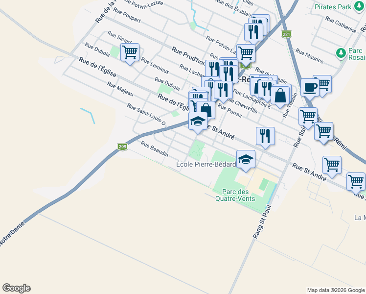 map of restaurants, bars, coffee shops, grocery stores, and more near 66 Rue Saint-Luc in Saint-Rémi