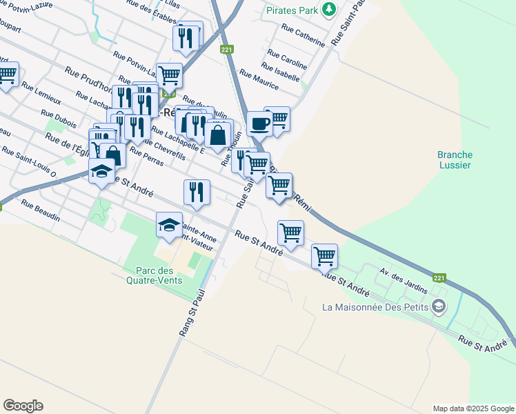 map of restaurants, bars, coffee shops, grocery stores, and more near 217 Rue Perras in Saint-Rémi