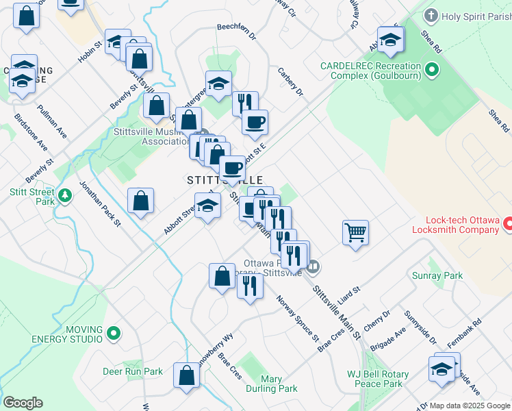 map of restaurants, bars, coffee shops, grocery stores, and more near in Ottawa