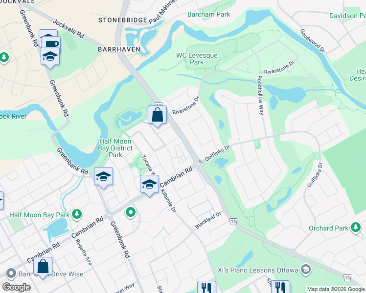 map of restaurants, bars, coffee shops, grocery stores, and more near 2517 Longfields Drive in Ottawa