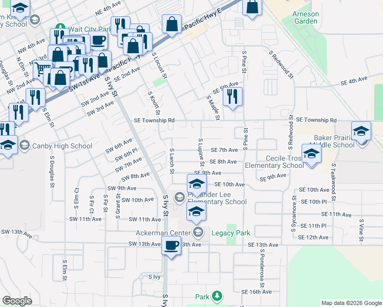 map of restaurants, bars, coffee shops, grocery stores, and more near 371 Southeast 7th Avenue in Canby
