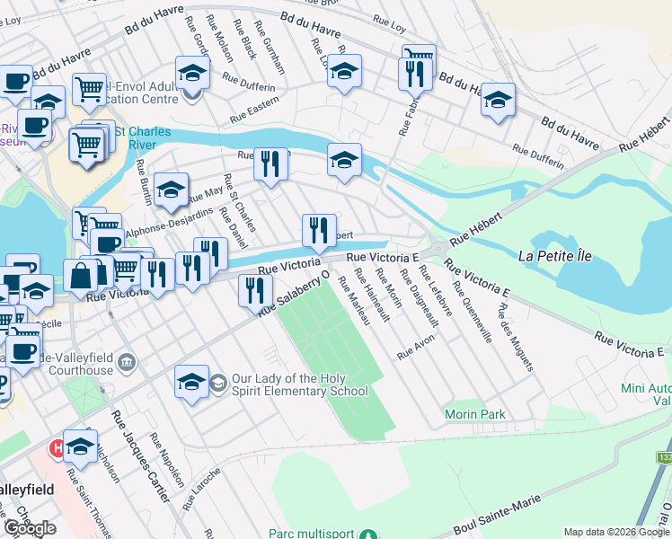 map of restaurants, bars, coffee shops, grocery stores, and more near Rue Salaberry Ouest in Salaberry-de-Valleyfield