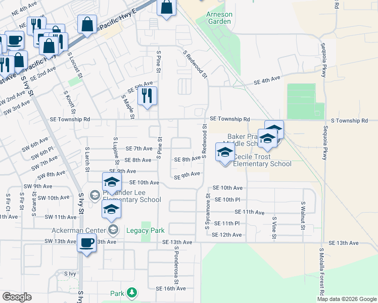 map of restaurants, bars, coffee shops, grocery stores, and more near 1407 Southeast 7th Avenue in Canby