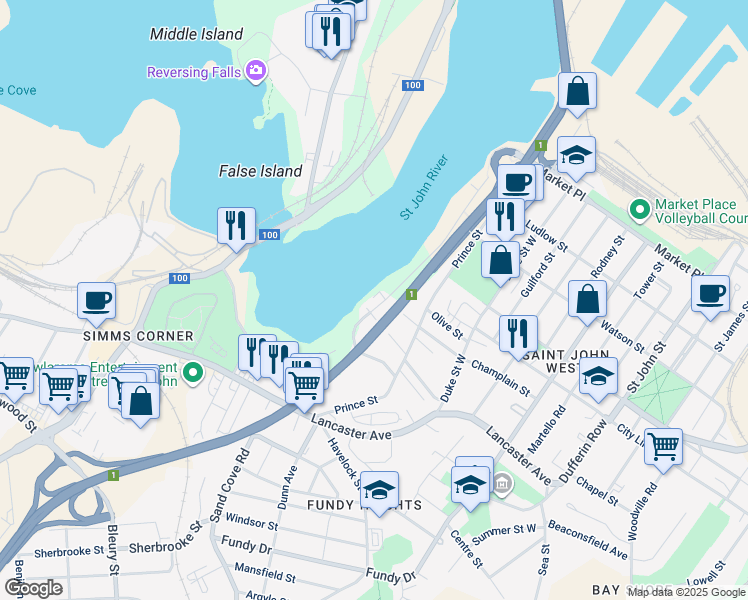 map of restaurants, bars, coffee shops, grocery stores, and more near 354 Riverview Place in Saint John